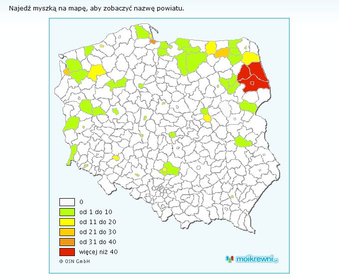 Częstotliwość występowania nazwisko Rećko w Polsce (moikrewni.pl)