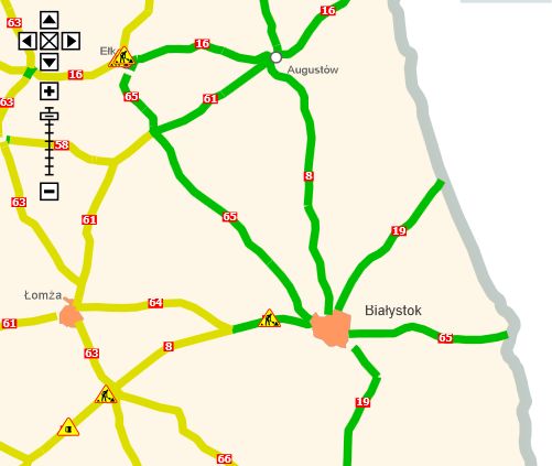 Mapa sytuacji na drogach. Kolor zielony oznacza brak utrudnień (gddkia.gov.pl)