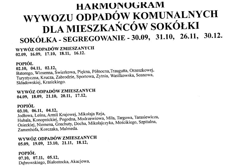 Fragment ulotki z harmonogramem wywozu śmieci