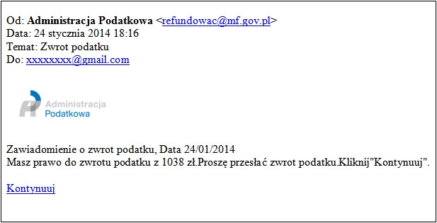Tak wygląda fałszywy e-mail (Izba Skarbowa w Białymstoku)